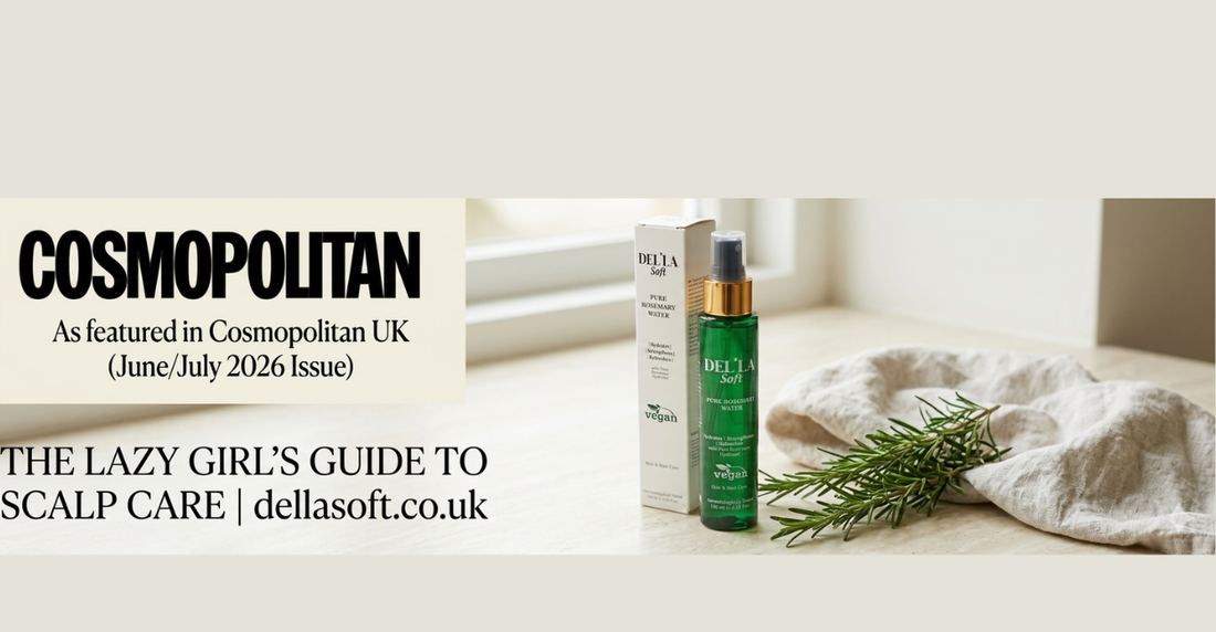 Discover why Cosmopolitan UK featured DEL'LA SOFT Rosemary Water Spray as a summer scalp essential. 100% natural, distilled, and perfect for your daily routine.