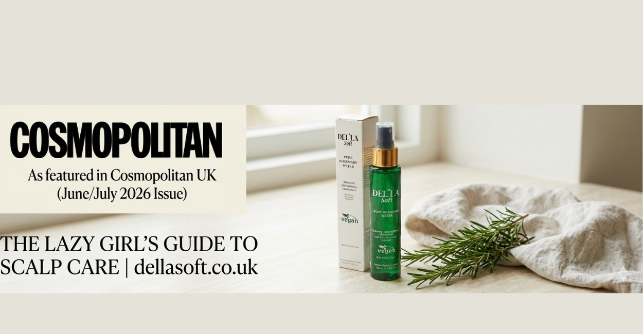 Discover why Cosmopolitan UK featured DEL'LA SOFT Rosemary Water Spray as a summer scalp essential. 100% natural, distilled, and perfect for your daily routine.